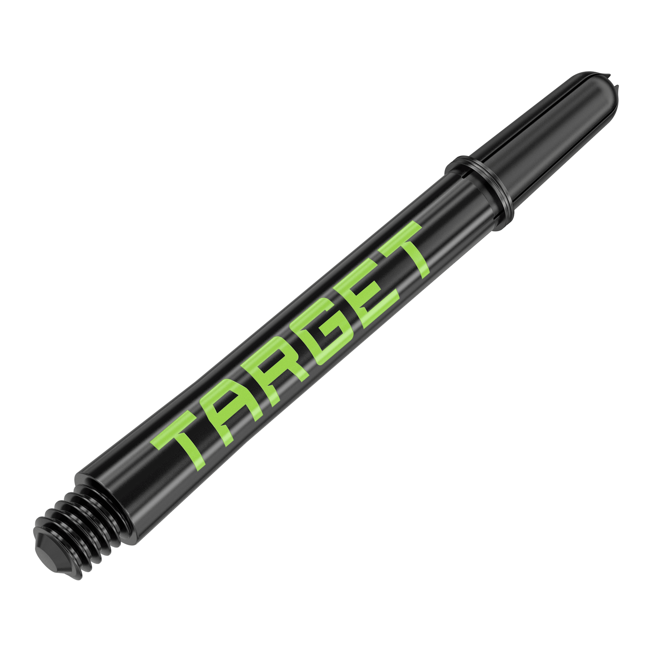 Target Pro Grip TAG Shafts - 3 Sets - Zwart Groen Zwei Dart-Schäfte in harmonischer Anordnung werden präsentiert. Die Linie und das Profil der Produkte sind markant.