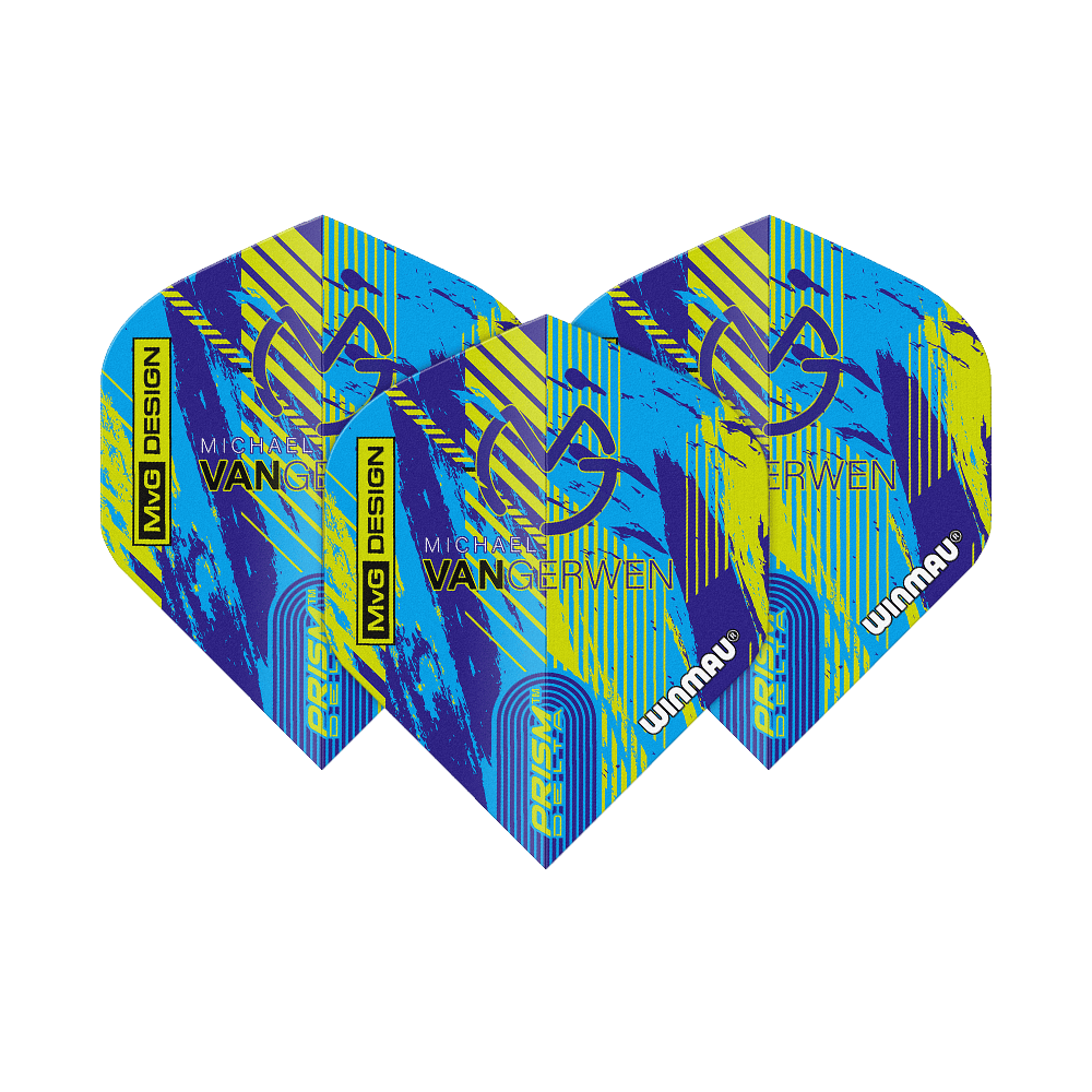 Winmau Delta Michael Van Gerwen Prism 04 standaardvluchten Das Bild zeigt die Winmau Delta Michael Van Gerwen Prism 04 Standard Flights. Sie haben ein farbenfrohes Design in Blau, Gelb und Schwarz mit dem Namen und Logo von Michael Van Gerwen.