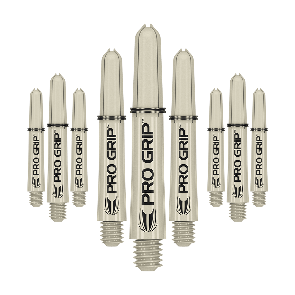 Target Pro Grip Shafts - 3 sets - Zand Das Bild zeigt neun beige Dartschäfte mit der Aufschrift „PRO GRIP“. Sie sind in drei Reihen angeordnet, wobei die mittlere Reihe größer erscheint.