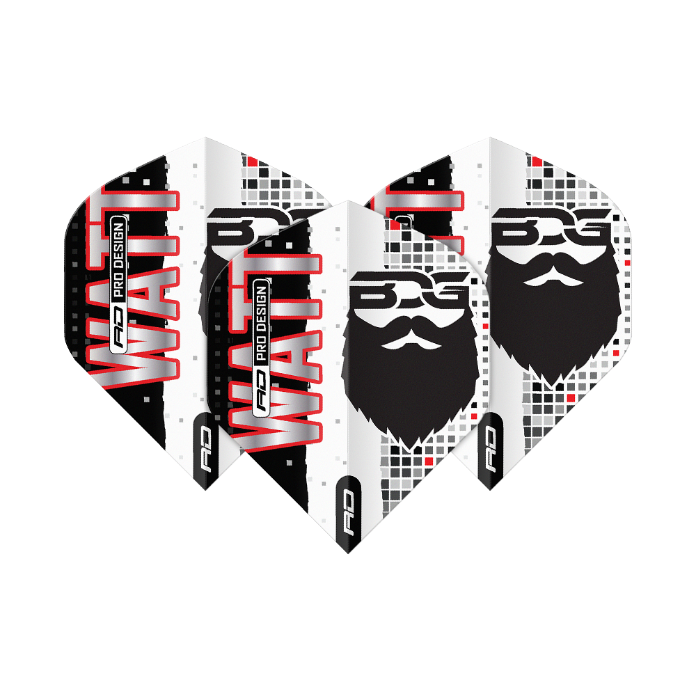 Red Dragon Hardcore Jason Watt BDG Premium No2 Standaardvluchten Das Bild zeigt vier Dartflights mit dem Aufdruck "WATT" und einem stilisierten Bartgesicht. Die Flights sind in Schwarz, Weiß und Rot gestaltet und tragen das Logo „BDG Pro Design“.