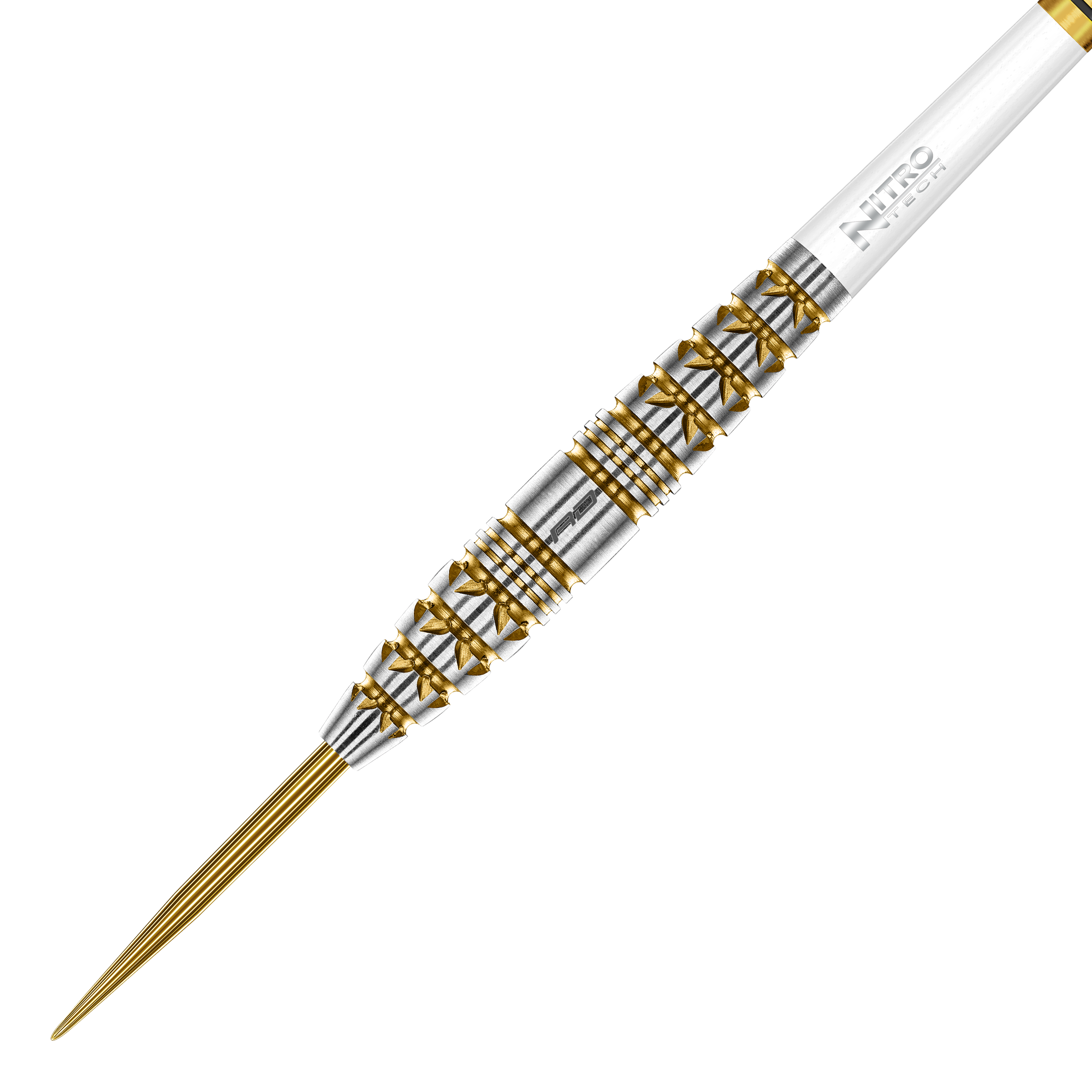 Das Foto zeigt die Red Dragon Paradym Gold Torpedo Steeldarts aus einer anderen Perspektive. Die Darts zeichnen sich durch ein elegantes, goldenes Design aus.