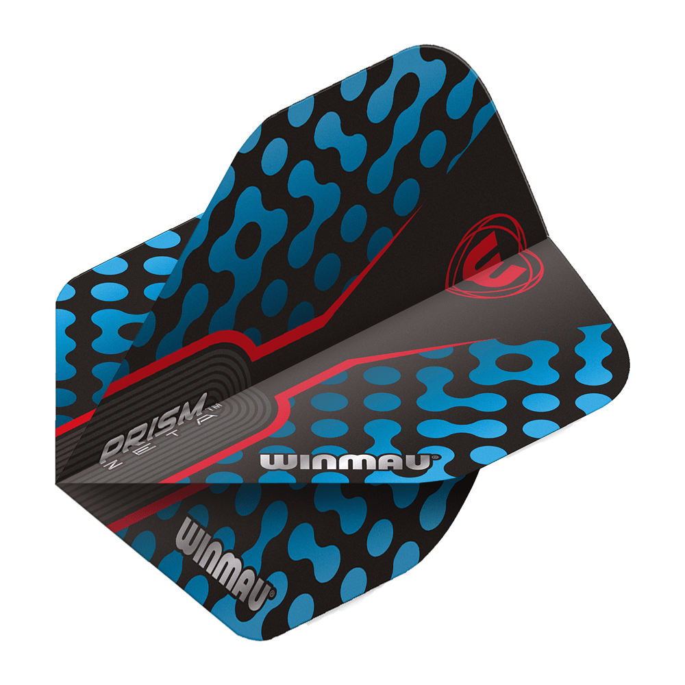 Das Bild zeigt das Produkt "Winmau Prism Zeta BlueRed Standard Flights". Die Dart-Flights sind schwarz mit blauen Punkten und roten Akzenten gestaltet.