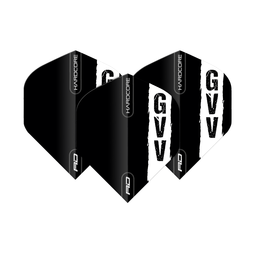 Red Dragon Hardcore Gian Van Veen Zwart Logo Standaard Vluchten Das Bild zeigt drei schwarze Dartflights mit dem weißen Aufdruck "GVV" und dem Schriftzug "HARDCORE". Es handelt sich um das Produkt "Red Dragon Hardcore Gian Van Veen Black Logo Standard Flights".
