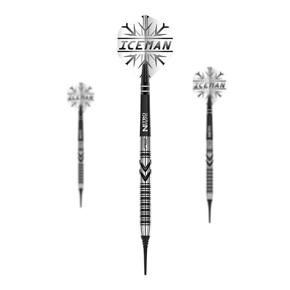 Red Dragon Gerwyn Prijs Thunderbolt Zachte Darts - 20g Das Bild zeigt drei Softdarts des Modells "Red Dragon Gerwyn Price Thunderbolt - 20g". Auf den Flights steht "ICEMAN" und die Darts haben ein schwarz-silbernes Design.