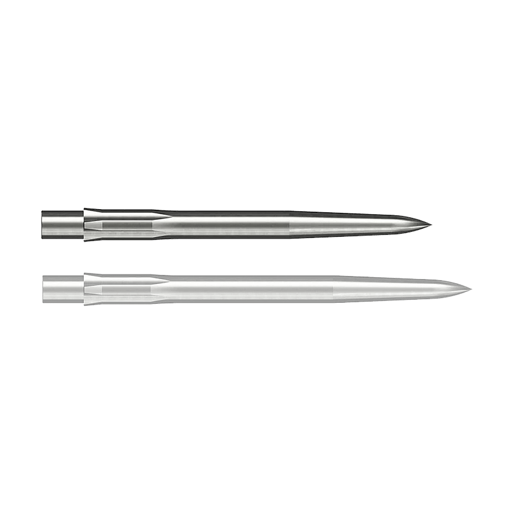 Caliburn System Steel Dart Tips - Glad - Zilver Auf dem Bild sind zwei silberne, glatte Stahlspitzen für Darts zu sehen. Sie sind länglich geformt und haben eine spitze Vorderseite.