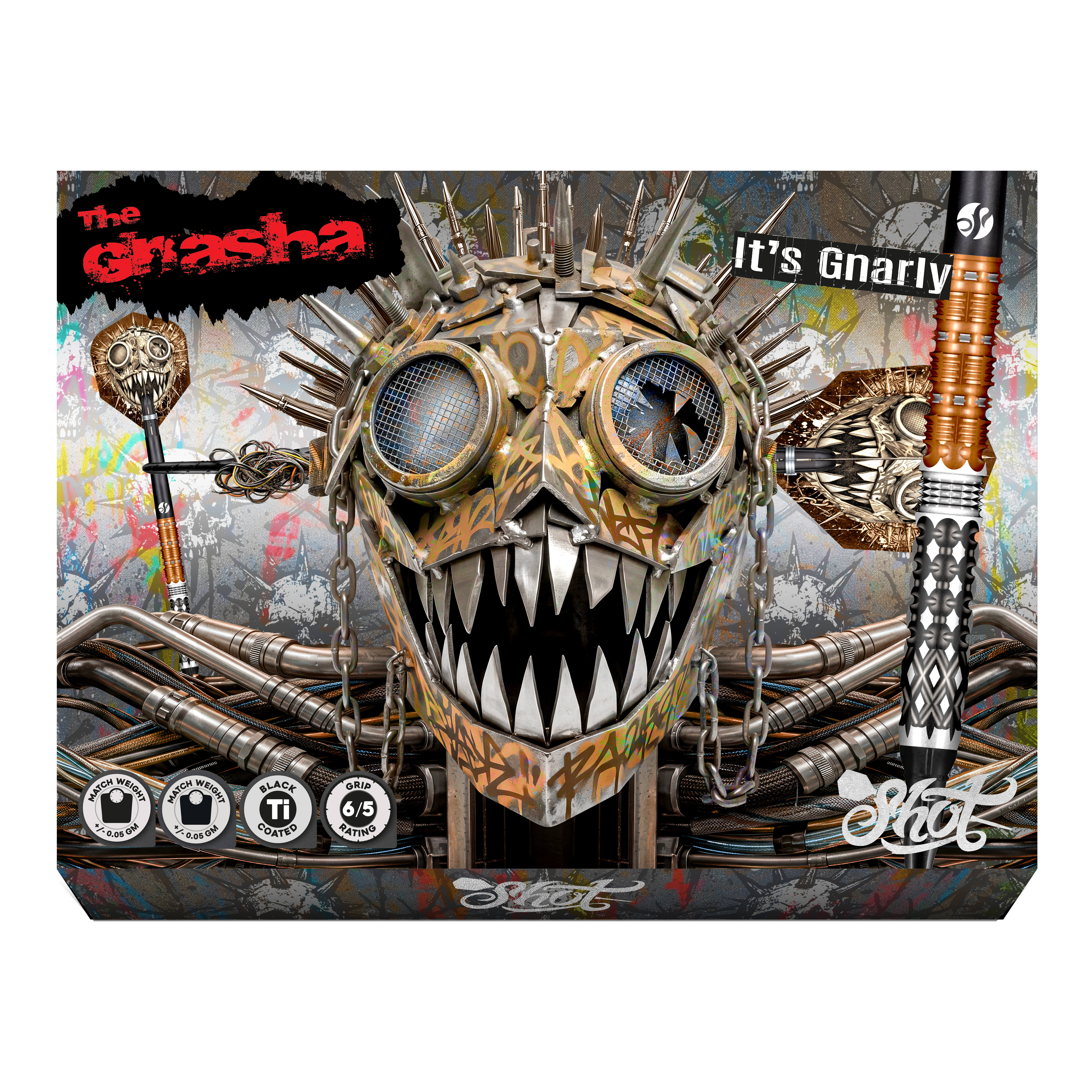 Auf dem Bild befinden sich die Shot Gnarly Gnasha Softdarts - 20g. Die Darts sind für das Spielen mit elektronischen Dartboards geeignet.