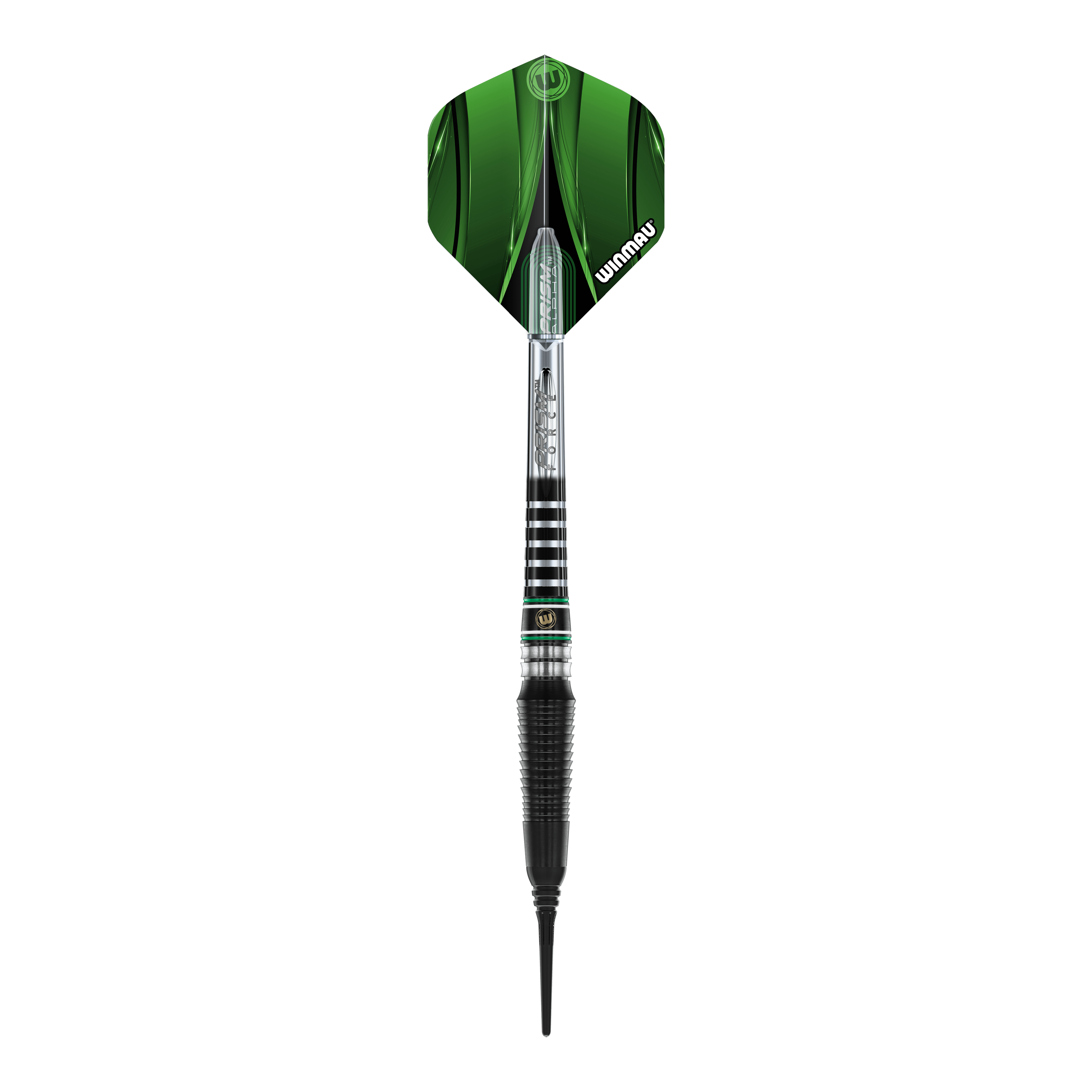 Winmau Sniper Black 2025 zachte darts - 20g Das Bild zeigt einen Winmau Sniper Black 2025 Softdart mit einem Gewicht von 20g. Der Dart hat schwarze und silberne Elemente sowie rote und grüne Akzente am Schaft.