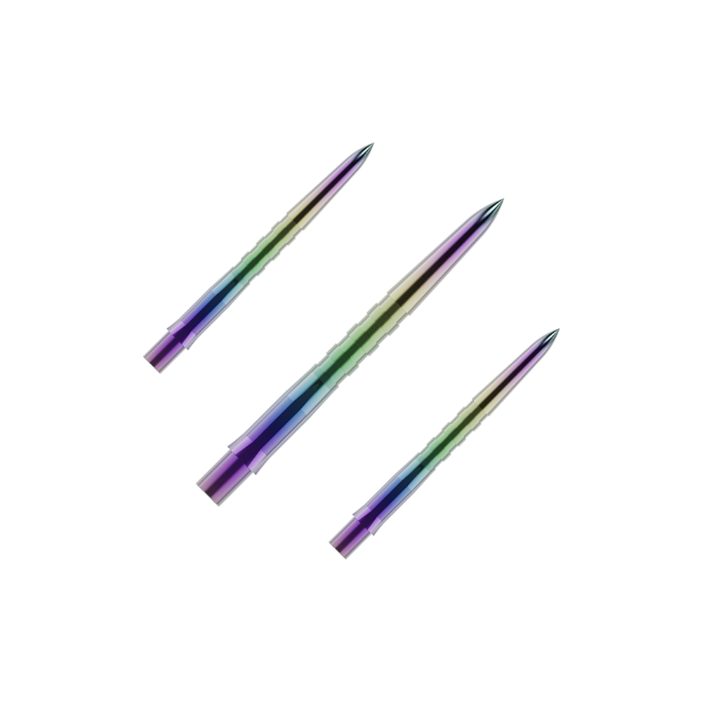 Mission Caliburn EVO dartpunten - Gegroefd - Koraal Auf dem Bild sind drei bunte, gerillte Dartspitzen zu sehen. Sie haben eine glänzende Oberfläche mit violetten, grünen und blauen Farbverläufen.