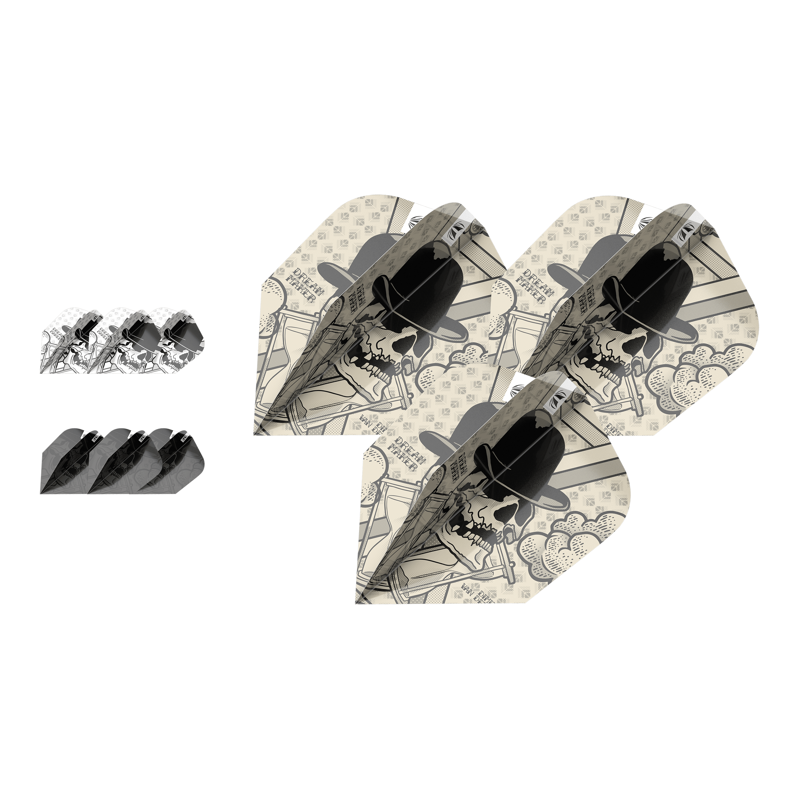 Target Inktbundel 3 sets Dimitri Van Den Bergh Ten-X Flights Das Bild zeigt drei Sets von Dartflights mit einem Totenkopf-Design und Hut. Die Flights gehören zum Produkt "Target Ink Bundle 3 Sets Dimitri Van Den Bergh Ten-X Flights".