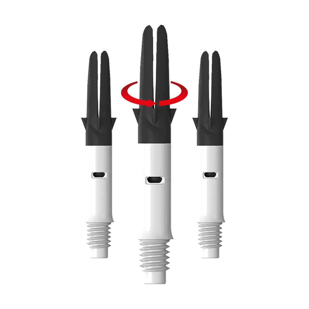 L-L-Style-Shaft Carbon Silent Straight - Wit Das Bild zeigt drei weiße und schwarze Dartshafts nebeneinander. Über dem mittleren Shaft ist ein roter Pfeil, der eine Drehbewegung anzeigt.