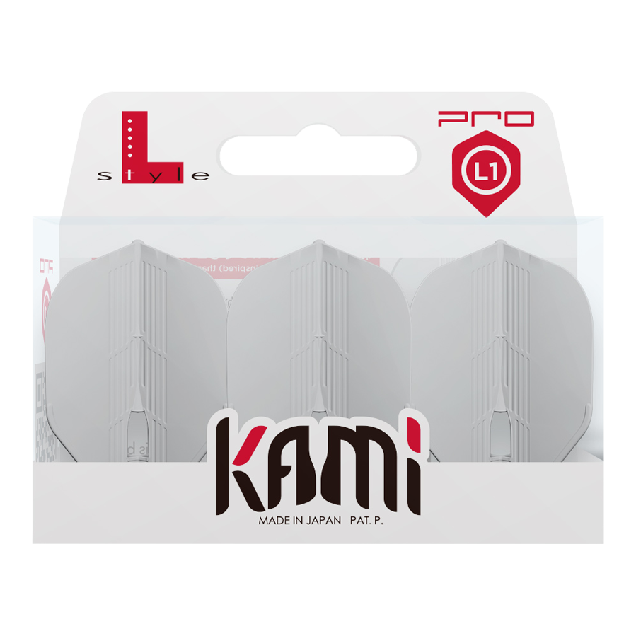 L-Style KAMI L1PRO Flights Das Bild zeigt eine Verpackung mit drei weißen Dartflights der Marke Kami. Auf der Verpackung stehen "L-Style", "PRO" und "Made in Japan".