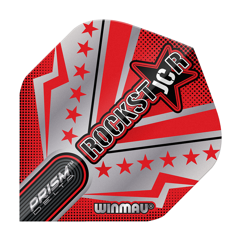 Winmau Prism Delta Joe Cullen Rockstar Series No2 Standaardvluchten Das Bild zeigt ein Dartflight mit auffälligem roten und silbernen Design und mehreren Sternen. In der Mitte steht groß das Wort „ROCKSTAR“ neben einem Stern, darunter befinden sich die Markenaufschriften „PRISM DELTA“ und „WINMAU“.