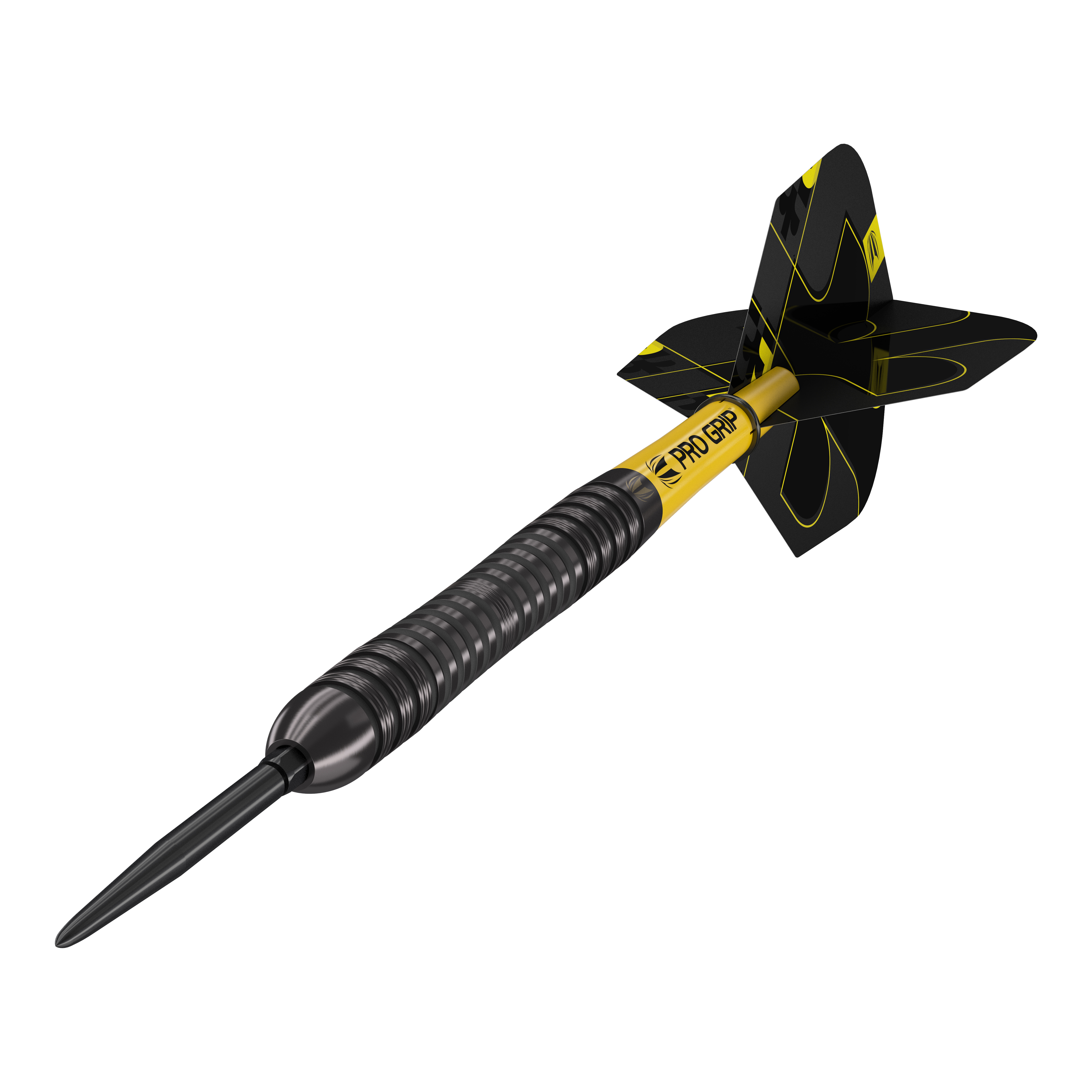 Target Bolide Void 04 Swiss Point stalen darts Das Bild zeigt einen Target Bolide Void 04 Swiss Point Steeldart. Der Dart ist schwarz-gelb und hat eine strukturierte Griffzone sowie schwarze Flights mit gelben Linien.