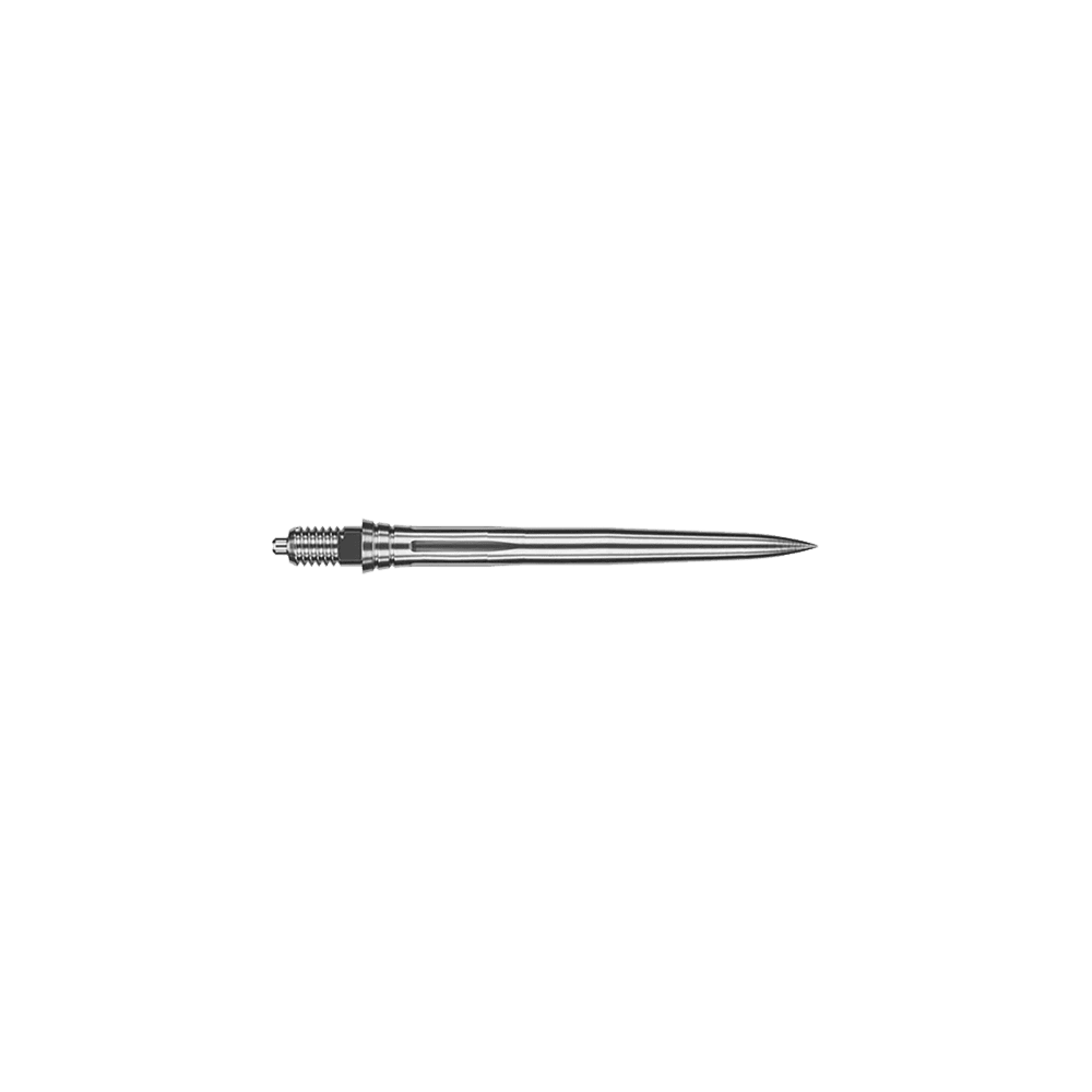 Caliburn EZ-EVO dartpunten - Glad - Zilver Auf dem Bild ist eine glatte silberne Dartspitze zu sehen. Sie ist wahrscheinlich 28 mm lang.