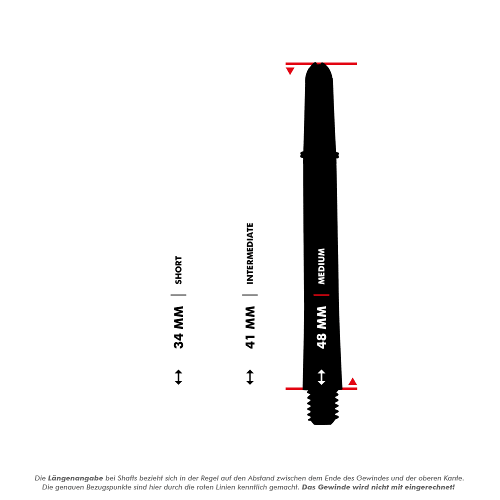 110181_Target_Pro_Grip_Shafts_5_48mm_3Varianten7ziIdQsXmzFaF Das Bild zeigt drei verschiedene Längen von Dartshafts: 34 mm (Short), 41 mm (Intermediate) und 48 mm (Medium). Die Maße beziehen sich auf den Abstand zwischen dem Ende des Gewindes und der oberen Kante, welche durch rote Linien markiert sind.