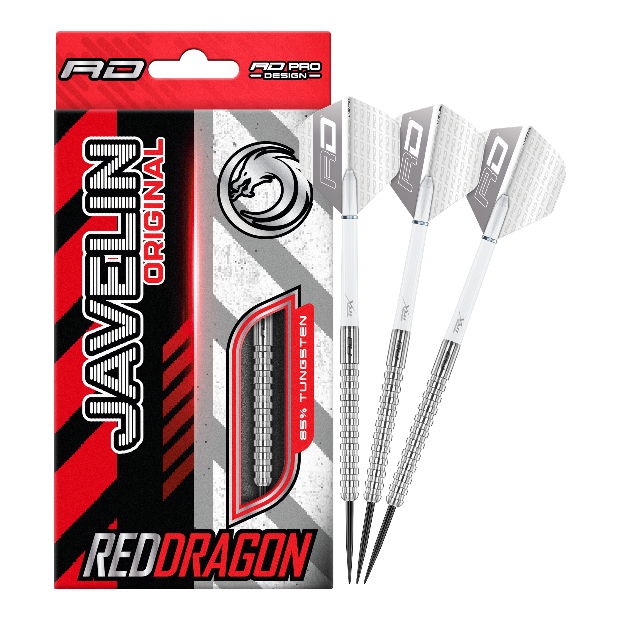 Red Dragon Javelin stalen pijltjes Das Bild zeigt die Red Dragon Javelin Steeldarts in voller Ansicht. Sie sind speziell für das professionelle Darten entwickelt.