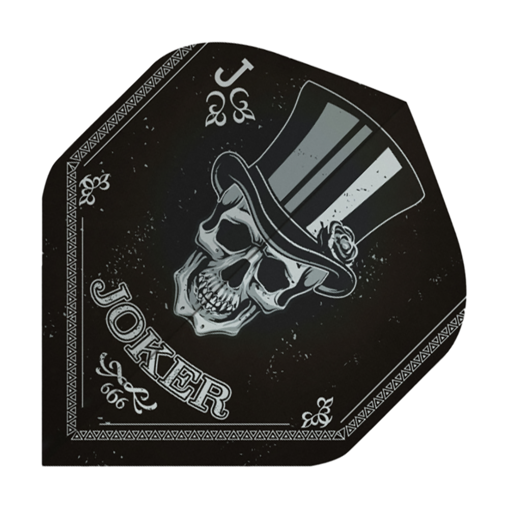 P75_Pentathlon_Metro_Joker_Standard_Flights_1 Das Bild zeigt das Produkt "Pentathlon Metro Joker Standard Flights". Auf dem Flight ist ein Totenkopf mit Zylinder und das Wort "JOKER" abgebildet.