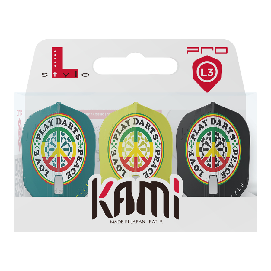 L-L-Styleisa Ashton V1 Roze L3PRO KAMI Vluchten Die Packung zeigt drei unterschiedlich farbige Dart-Flights mit dem Aufdruck "LOVE * PLAY DARTS * PEACE". Das Produkt heißt "L-Style Deta Hedman V4 Mix KAMI Flights" und ist in Japan hergestellt.