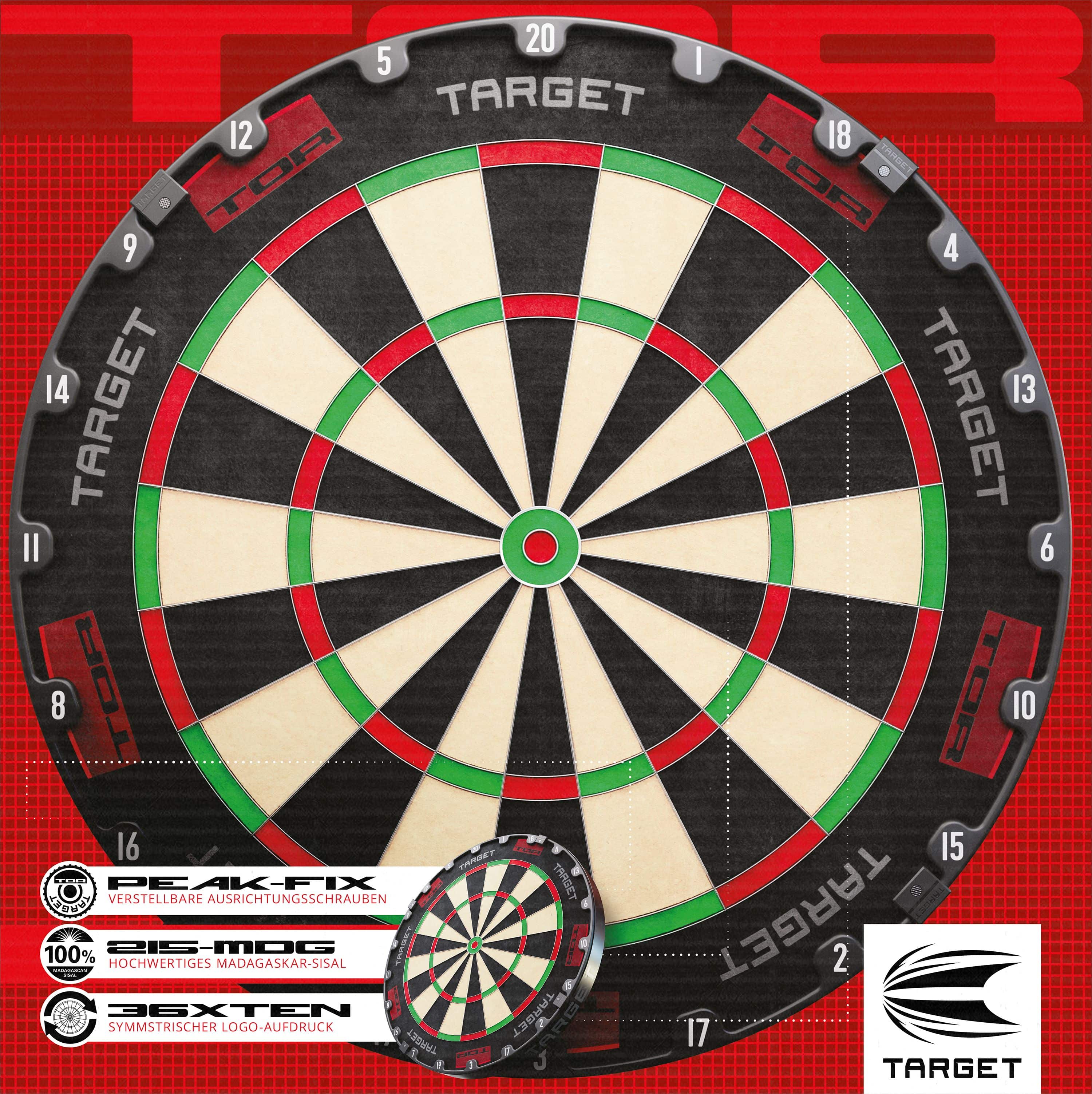 Target TOR Steel Dartbord Target TOR Steeldartboard ist als klassisches Dartboard zu sehen. Die Zahlen und Segmente sind klar sichtbar.
