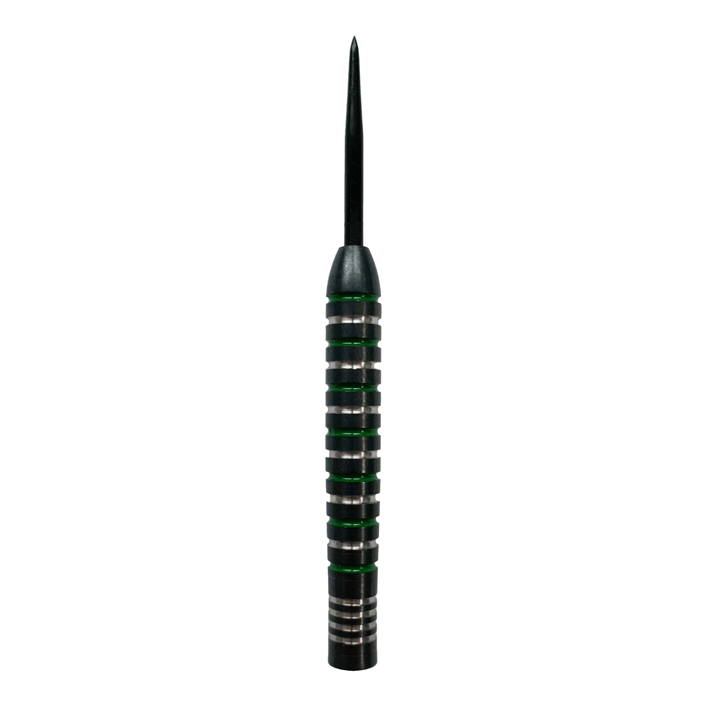 McDart Silver Green Steeldart-vaten Das Bild zeigt ein McDart Silver Green Steeldart Barrel. Der Dartpfeil hat silberne Ringe mit grünen Akzenten entlang des Griffbereichs.