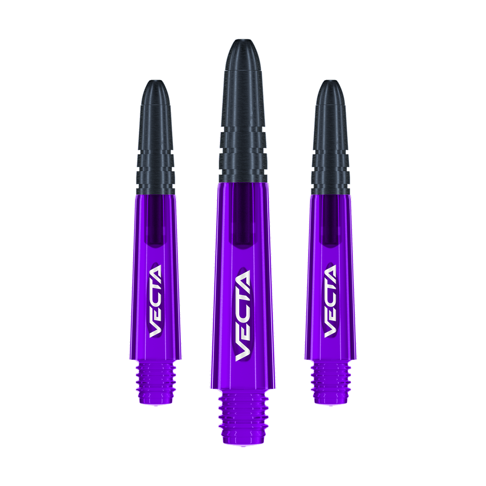 Auf dem Bild sind drei lilafarbene und schwarze Dartschäfte der Marke Vecta zu sehen. Die Schäfte sind 34 mm lang und werden als Set geliefert.