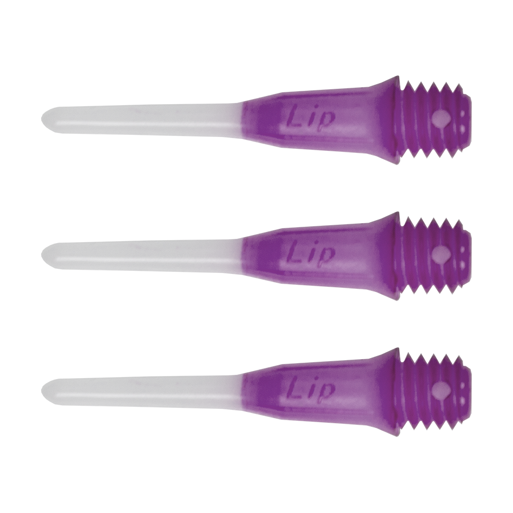 SLIPPTT-PU_L-Style_Two_Tone_Short_Lippoints_Purple_-30er_Pack Das Bild zeigt drei kurze, zweifarbige Dartspitzen mit lila Gewinde und weißer Spitze. Auf den Spitzen steht das Wort "Lip" eingraviert.