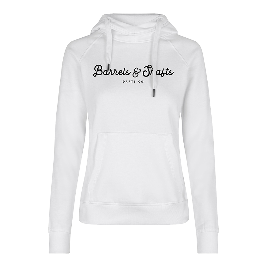 Barrels and Shafts Dameshoodie - Wit Dies ist ein weißer Damen-Hoodie mit Kapuze und Kängurutasche. Auf der Vorderseite steht der Text "Barrels & Shafts Darts Co".