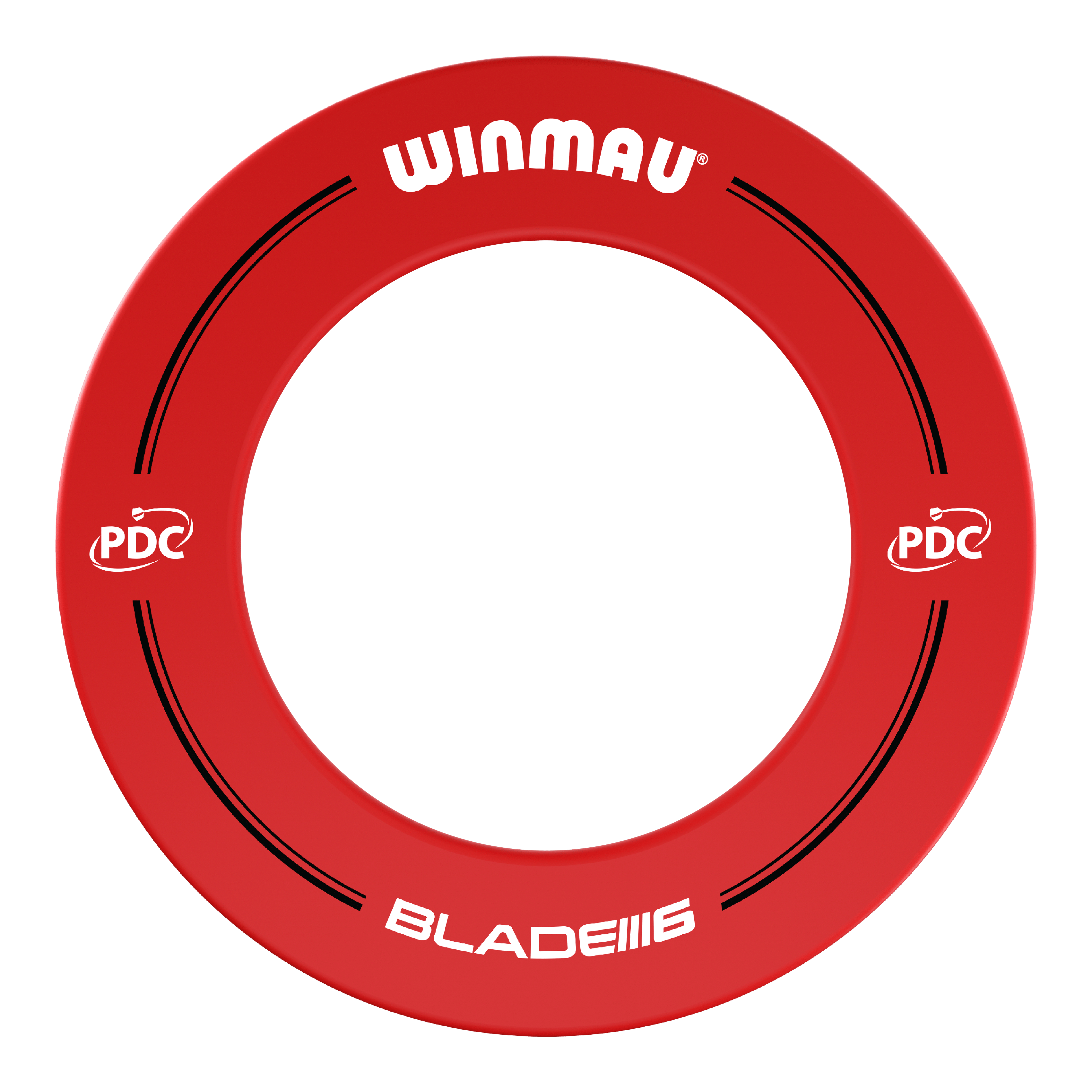 Winmau PDC Dartbord Surround - Rood Das Bild zeigt einen roten Dartboard-Surround der Marke Winmau mit der Aufschrift "BLADE 6". Auf dem Ring sind außerdem PDC-Logos und schwarze Designelemente zu sehen.