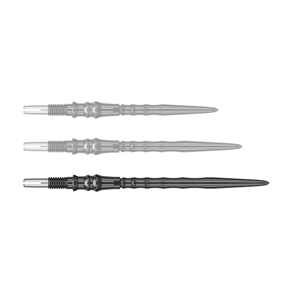 Zu sehen sind schwarze Steeldartspitzen, SwissPoint, 40 mm von Target Japan Premium. Die Einzelspitze ist im Detail abgebildet.