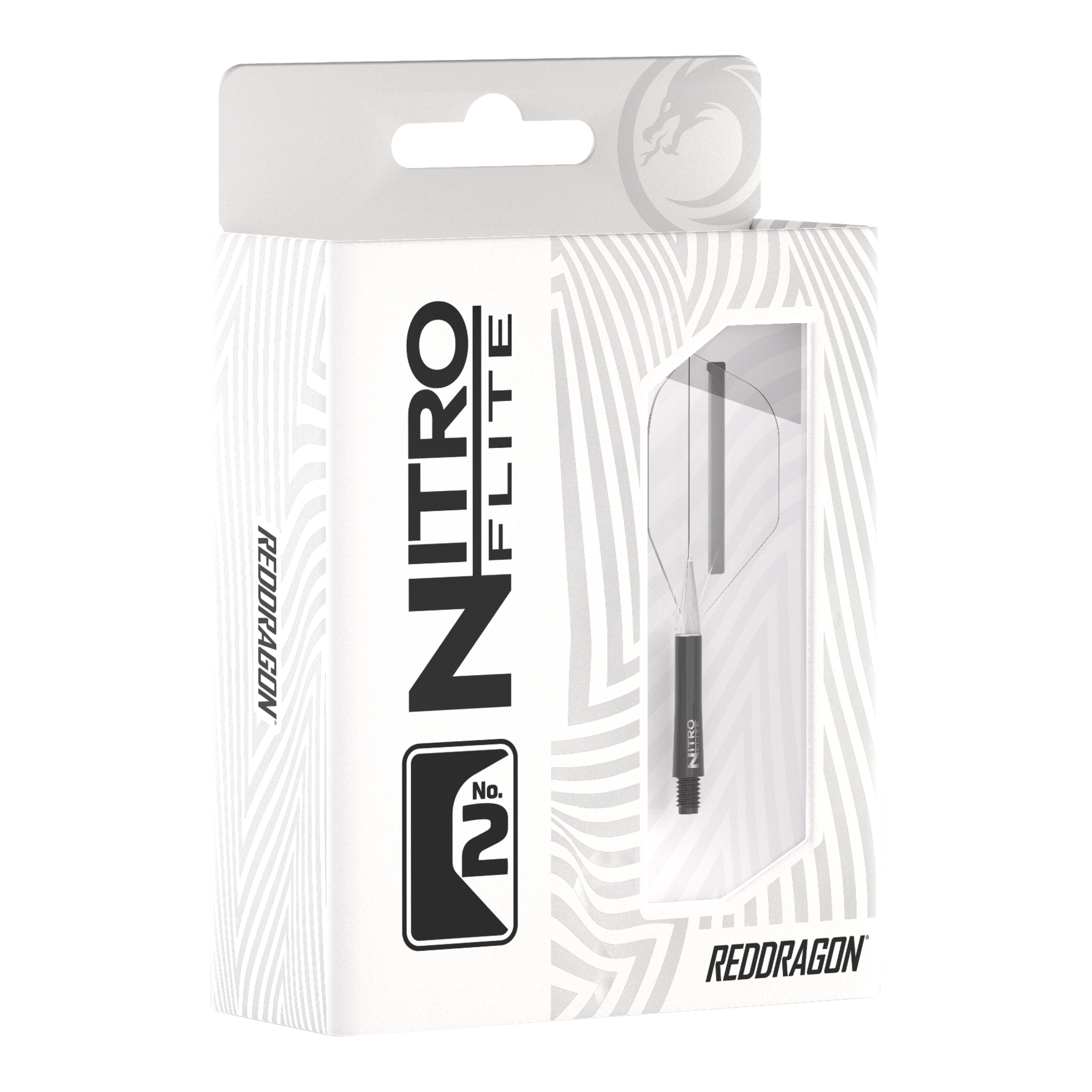 Red Dragon Nitroflite - Zwarte schacht Clear nr. 2 vluchten Die Abbildung zeigt die Verpackung des Produkts „Red Dragon Nitroflite - Black Shaft Clear No2 Flights“. Die Verpackung ist überwiegend weiß mit schwarzen Aufdrucken und einer Sichtöffnung, durch die das Produkt zu sehen ist.