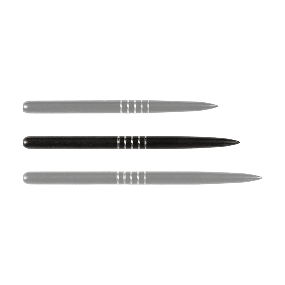 57747_Bulls_GP2_Steeldartspitzen_Schwarz_38mm_12bYZG0bNwOZWb Das Bild zeigt drei schwarze Steeldartspitzen der Marke Bulls GP2. Sie sind schlank, metallisch und haben jeweils vier silberne Rillen in der Mitte.