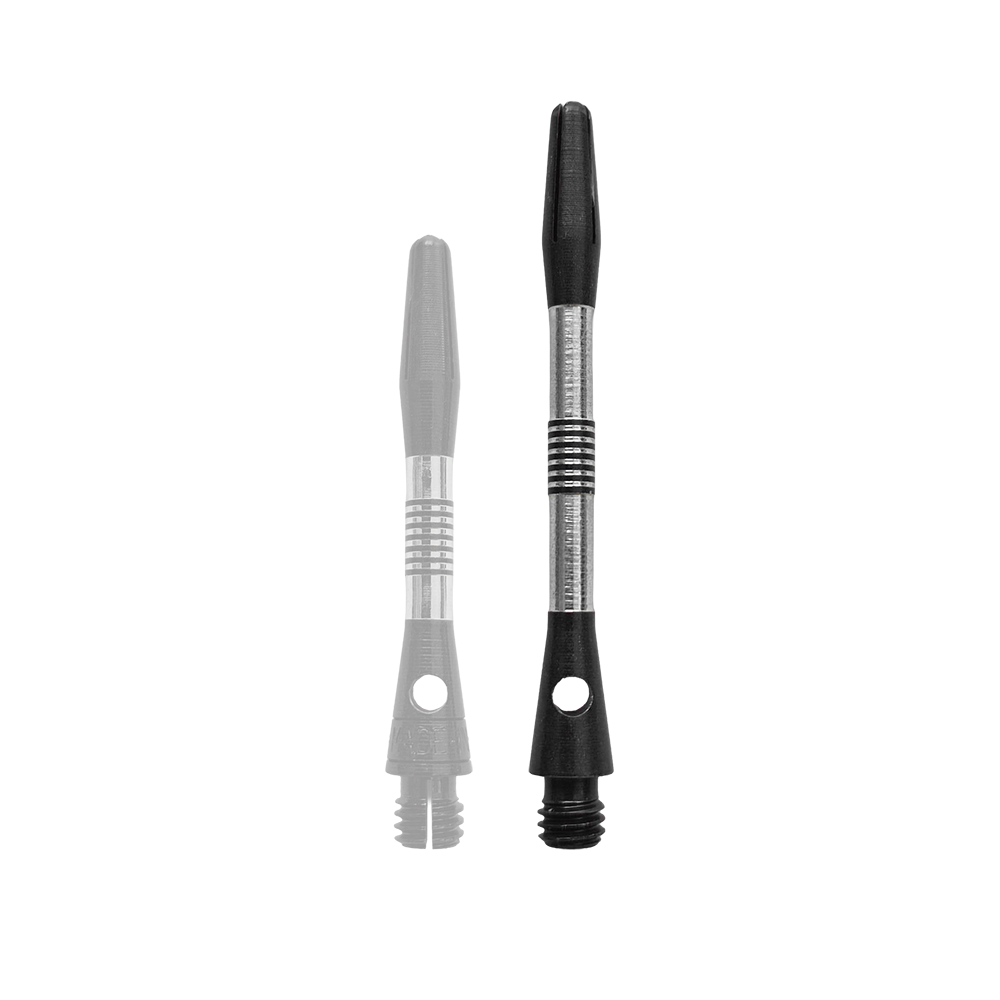 Bulls NL Cetra Aluminium Shafts - Zwart Gezeigt wird ein schwarzer Aluminium-Schaft für Dartpfeile. Der Schaft hat eine Länge von 34mm.