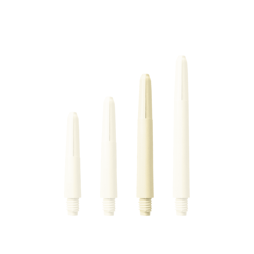 577_Nylon_Shafts_Naturweiss_40mm_1acxoP3mORhImZ Das Bild zeigt vier Nylon Shafts in Naturweiß, die in unterschiedlichen Längen angeordnet sind. Jeder Schaft hat am unteren Ende ein Schraubgewinde.