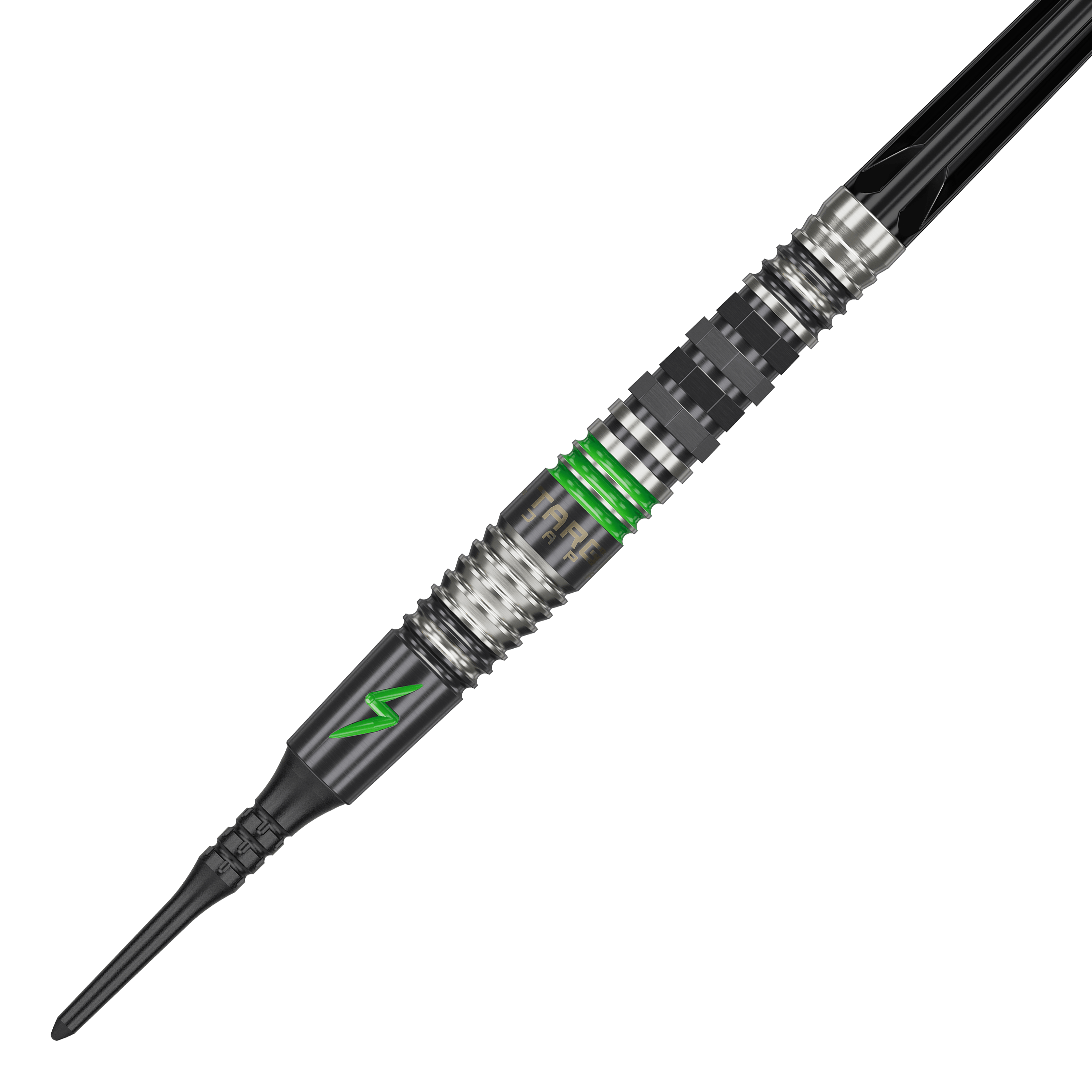 Target Japan Black Marque Lightning 3 zachte darts - 19g Das Bild zeigt einen Softdart namens "Target Japan Black Marque Lightning 3" mit einem Gewicht von 19g. Der Dart ist schwarz-silber mit grünen Akzenten und einem Blitzsymbol verziert.