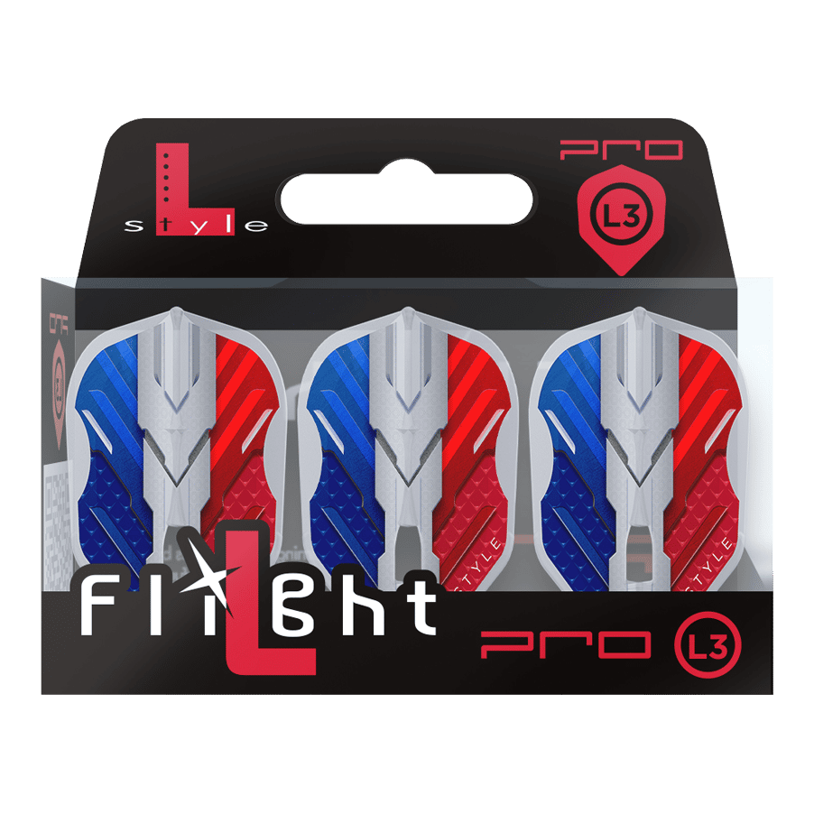L-Style V-Serie V1 Type B Frankrijk Helder Wit L3PRO Vluchten Das Bild zeigt eine Verpackung mit drei Dartflights der Marke L-Style in den Farben Blau, Weiß und Rot. Auf der Verpackung steht "Flight L Pro L3", und die Flights haben ein modernes, kantiges Design.