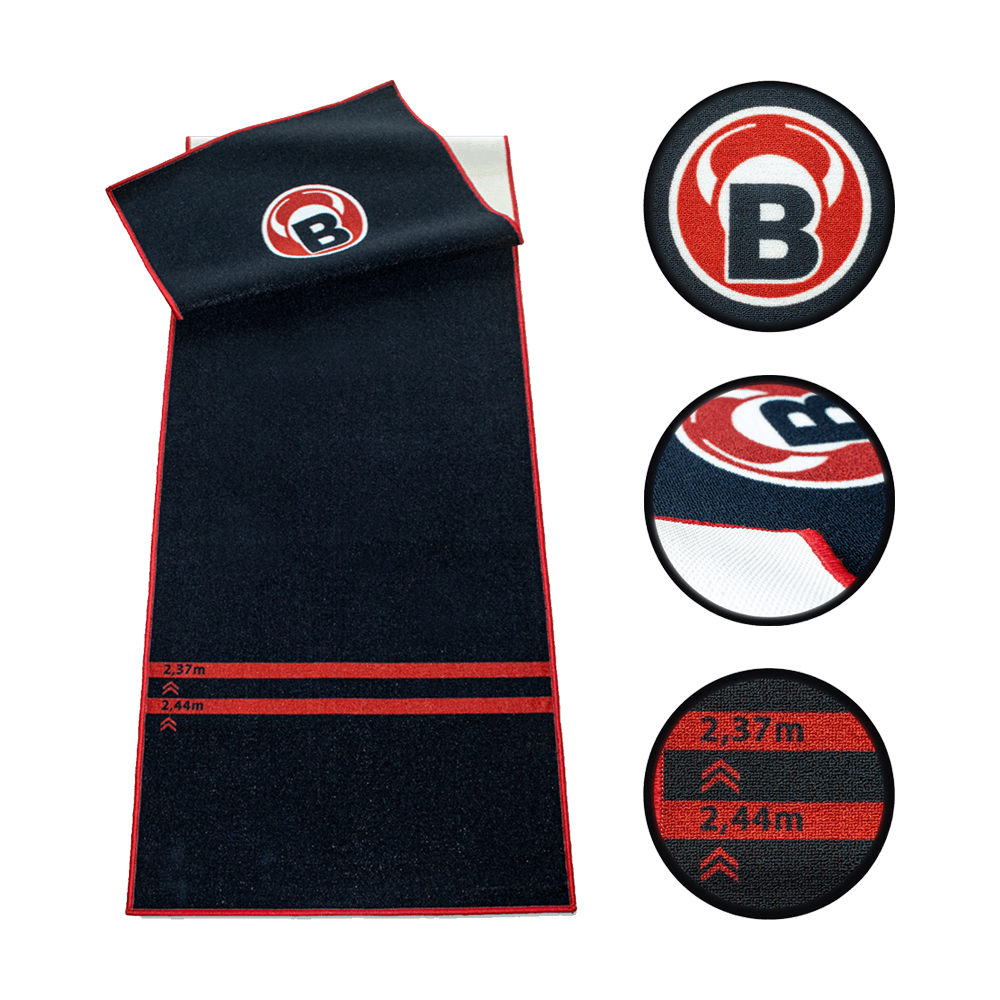 67805_Bulls_Carpet-Mat_Teppich_170_Black_2 Das Bild zeigt den Bulls Carpet-Mat Teppich 170 in Schwarz mit roten Markierungen und einem großen "B"-Logo. Auf dem Teppich sind zwei Längenmaße (2,37 m und 2,44 m) in Rot eingezeichnet.