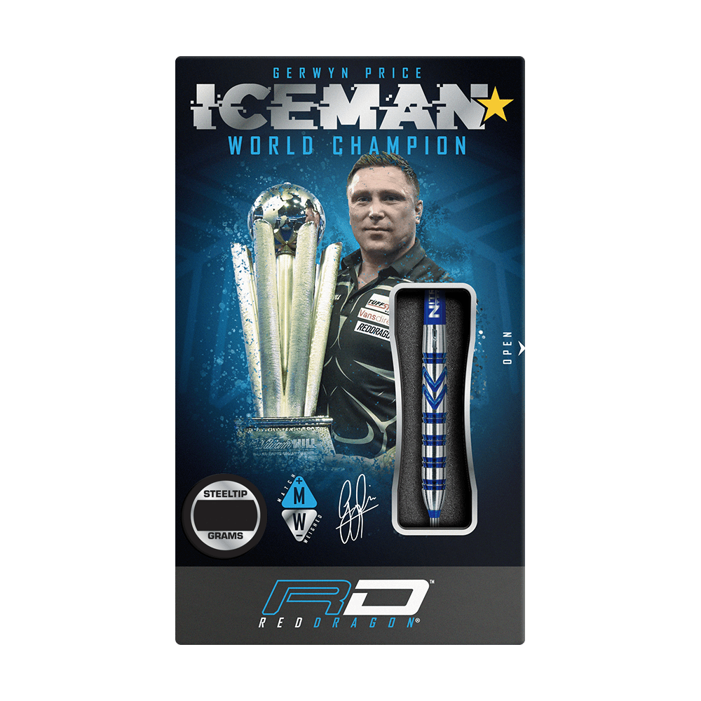 RD1890_Red_Dragon_Gerwyn_Price_Blue_90_Steeldarts_3 Auf der Verpackung sind die Red Dragon Gerwyn Price Blue 90% Steeldarts abgebildet. Im Hintergrund sieht man Gerwyn Price sowie eine Trophäe und den Schriftzug "ICEMAN WORLD CHAMPION".
