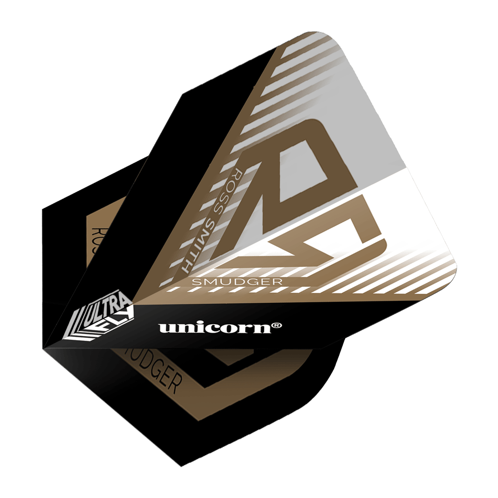 Unicorn Ultrafly 100 Ross Smith Plus-vluchten Das Bild zeigt die Unicorn Ultrafly 100 Ross Smith Plus Flights mit einem modernen Design in Schwarz, Gold und Weiß. Auf der Flight-Oberfläche sind die Wörter "Ross Smith", "Unicorn" und "Smudger" zu sehen.
