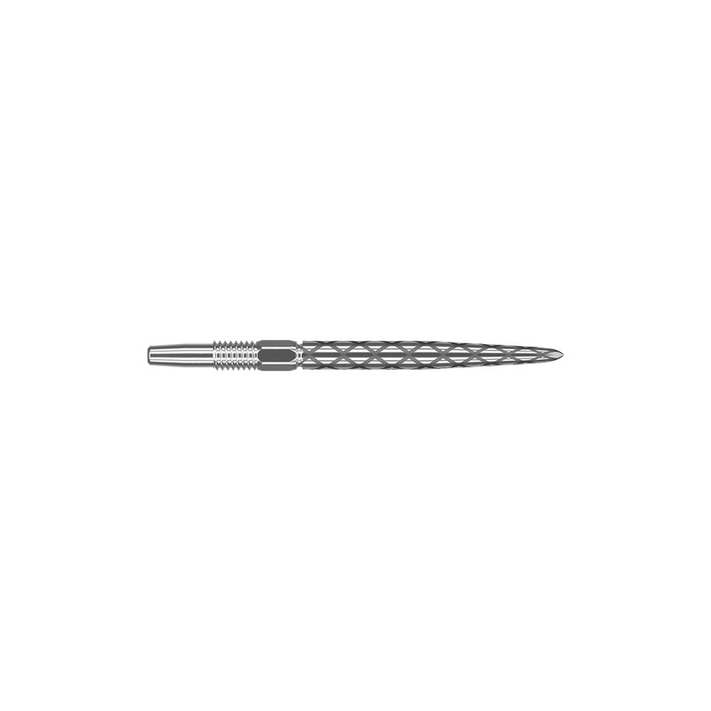 Target Swiss Diamond Pro Silver Points dartpunten Das Bild zeigt eine silberne Dartspitze mit einem rautenförmigen Muster. Sie ist lang und schmal gestaltet und eignet sich für Präzisionswürfe beim Dartspiel.