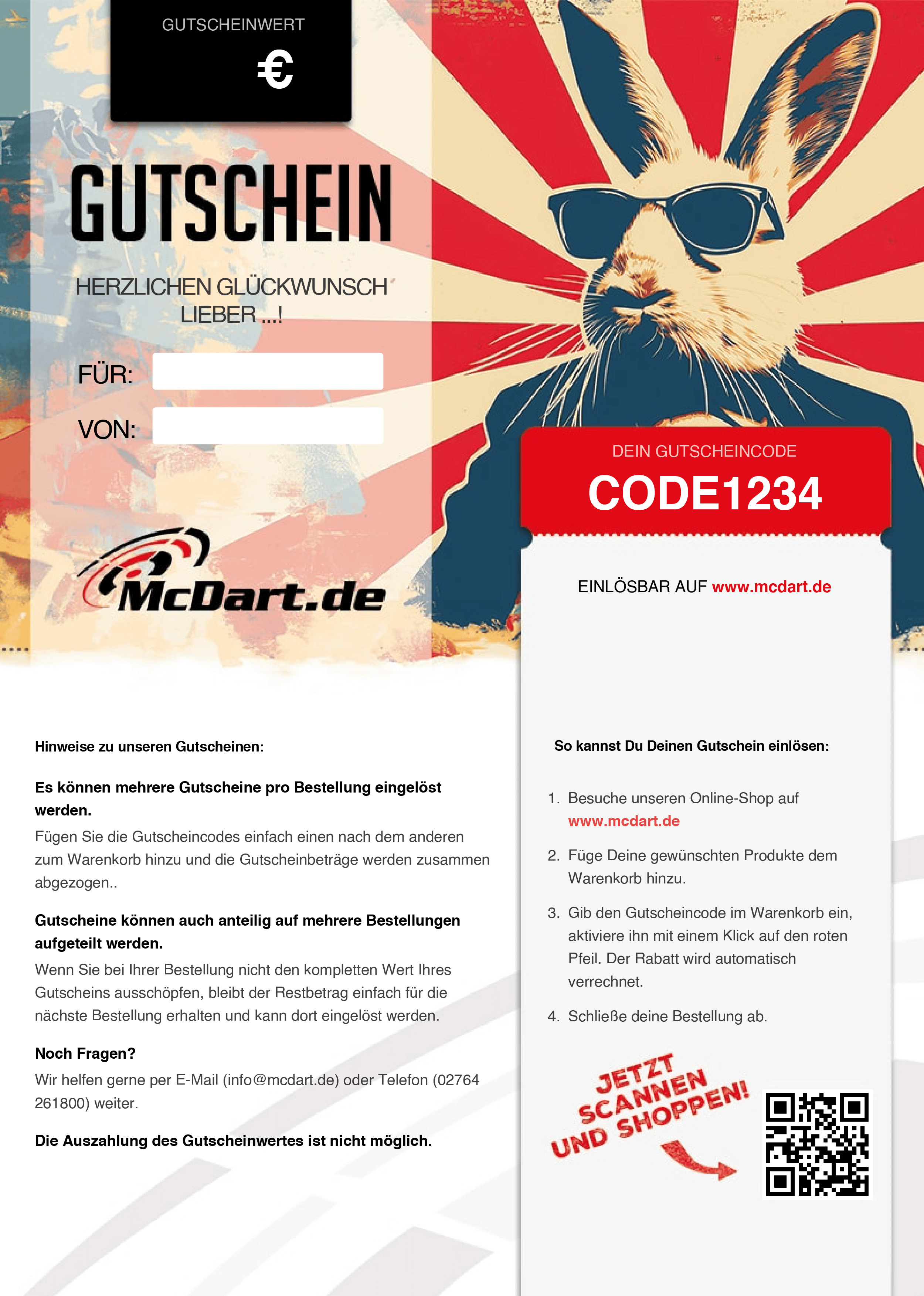 Paasvoucher Auf dem Bild ist ein Gutschein von McDart.de mit einem coolen Hasen mit Sonnenbrille zu sehen. Rechts befindet sich ein rot hinterlegter Gutscheincode und Hinweise zur Einlösung im Online-Shop.
