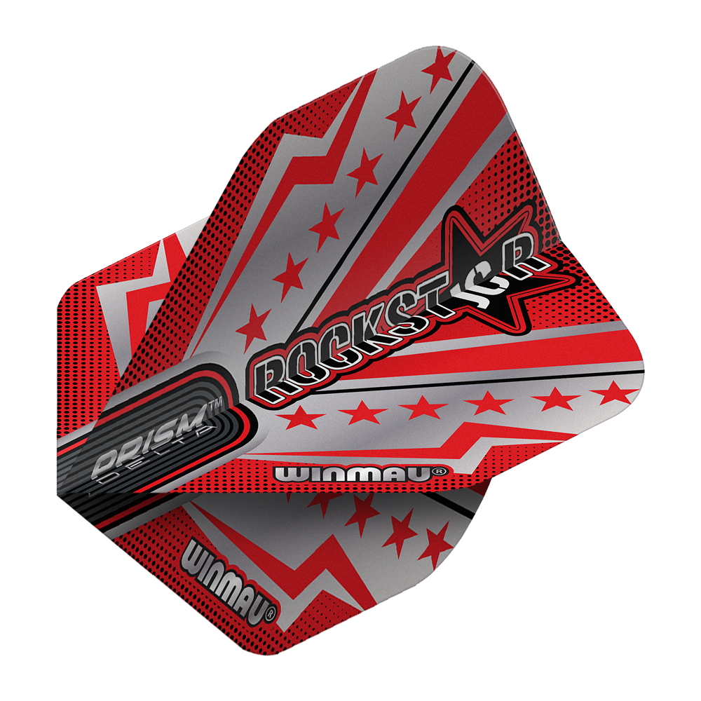 Winmau Prism Delta Joe Cullen Rockstar Series No2 Standaardvluchten Das Bild zeigt ein Dartflight aus der Winmau Prism Delta Joe Cullen Rockstar Series No2 Standard Flights. Das Design ist in Rot, Silber und Schwarz gehalten und zeigt Sterne sowie das Wort "Rockstar" in großer Schrift.