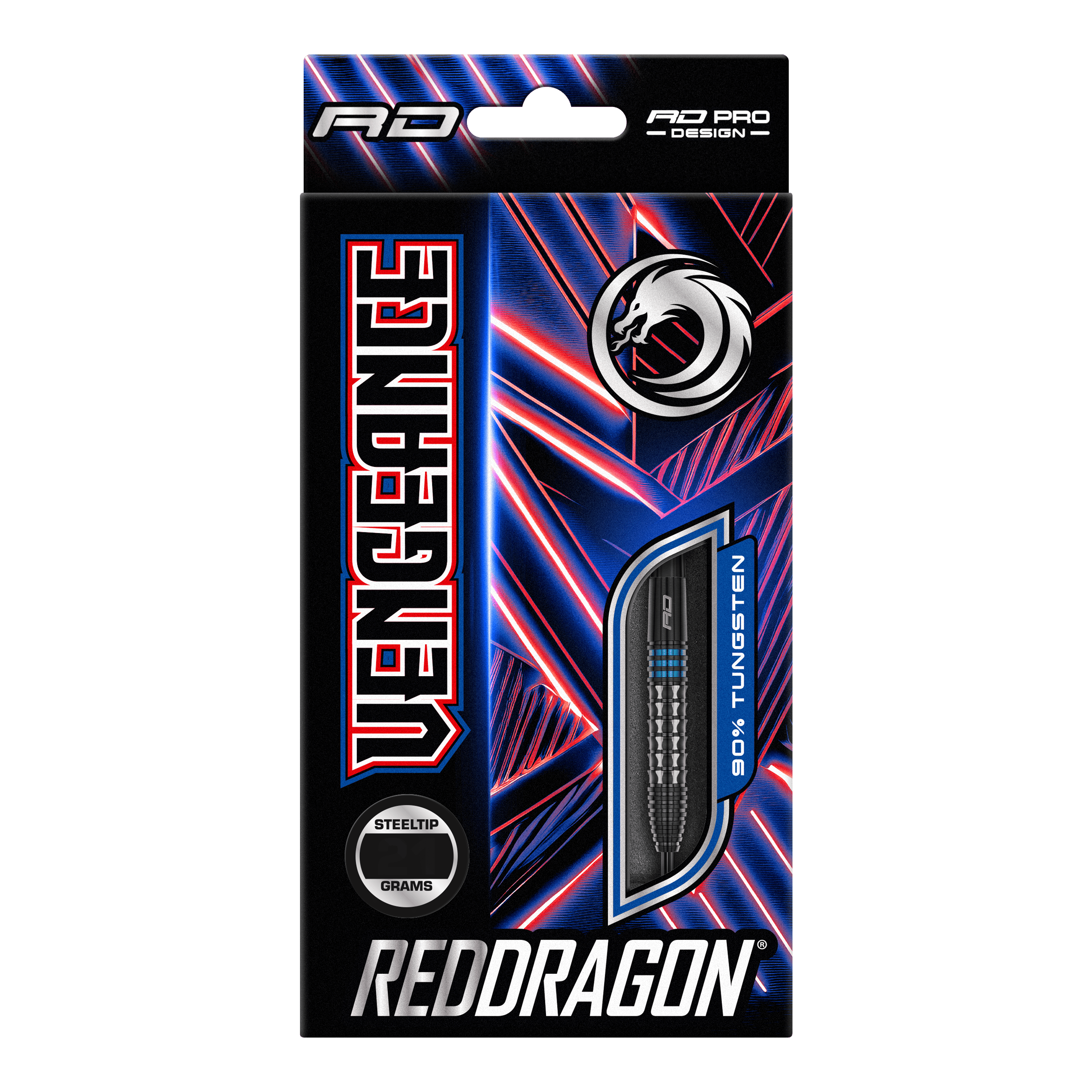Red Dragon Vengeance Blue Steel Darts Auf dem Bild ist die Verpackung der "Red Dragon Vengeance Blue Steeldarts" zu sehen. Die Schachtel ist schwarz mit blauen und roten Akzenten und zeigt einen Dartpfeil mit dem Hinweis auf 90% Tungsten.