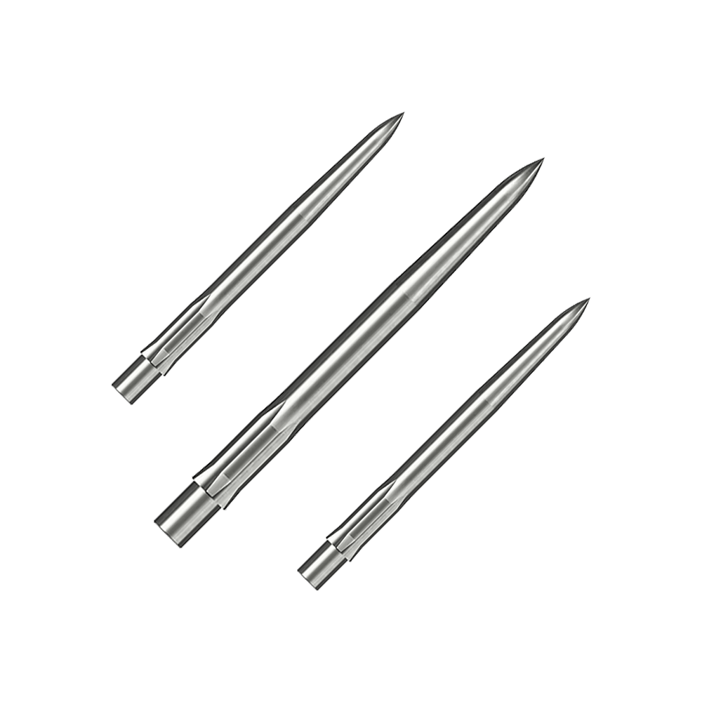Caliburn System Steel Dart Tips - Glad - Zilver Das Bild zeigt drei silberne, glatte Steeldartspitzen. Sie liegen parallel nebeneinander auf weißem Hintergrund.