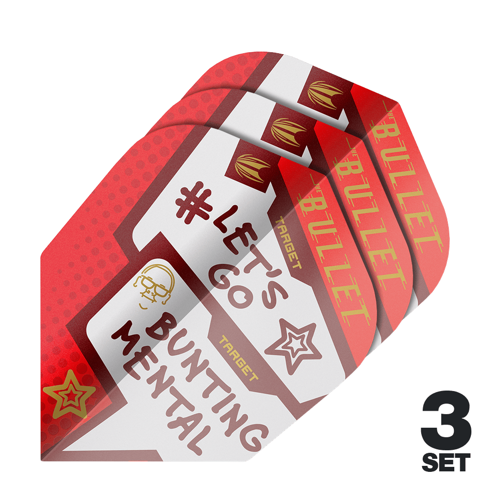 Target Pro Ultra Stephen Bunting Mental No6 Vluchten - 3 Sets Das Bild zeigt drei Sets der Target Pro Ultra Stephen Bunting Mental No6 Flights für Dartpfeile. Die Flights sind rot und weiß gestaltet und tragen die Aufschrift "#LET'S GO BUNTING MENTAL".
