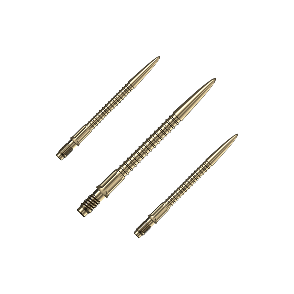 Mission R2.5 Rapid Point GV1 Dartpunten - Goud Ein Set goldener Dartspitzen ist auf dem Bild zu sehen. Das Set ist für Dartpfeile gedacht.