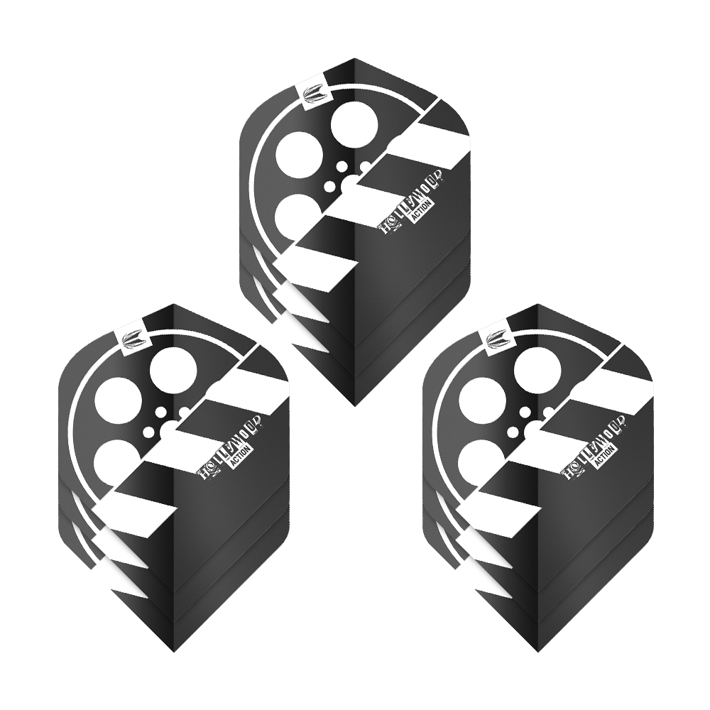 Target Pro Ultra Chris Dobey Hollywood Action No2 Standaardvluchten - 3 sets Das Bild zeigt drei Sets von Dart-Flights mit einem Filmklappen-Design in Schwarz und Weiß. Die Flights tragen den Namen "Target Pro Ultra Chris Dobey Hollywood Action No2 Standard Flights".