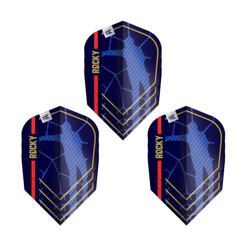 Target Pro Ultra Josh Rock GEN1 No6 Vluchten - 3 Sets Das Bild zeigt drei Dartflights des Produkts „Target Pro Ultra Josh Rock GEN1 No6 Flights - 3 Sets“. Die Flights sind dunkelblau mit goldenen Linien, einer roten Streifen und dem Schriftzug „ROCKY“ versehen.