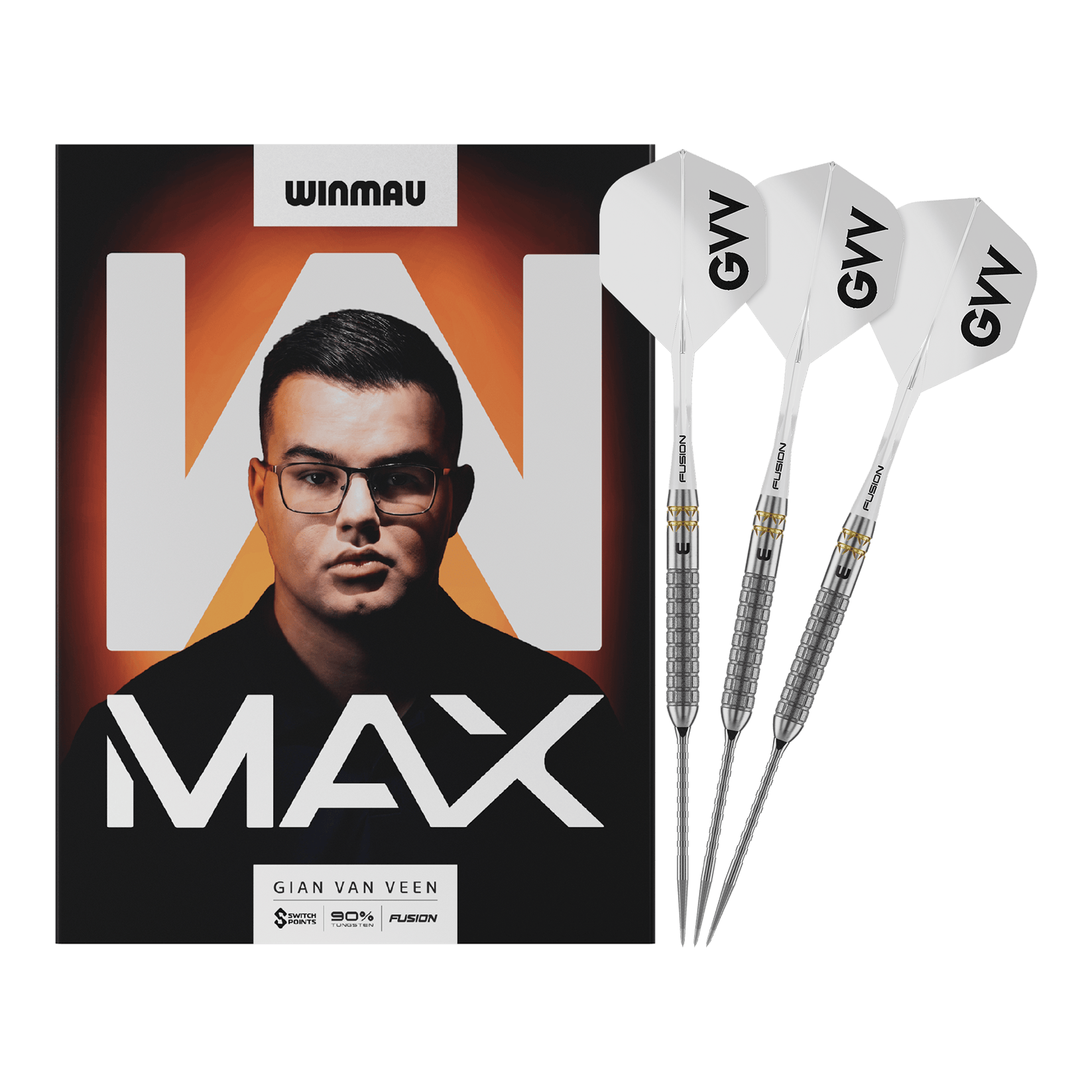 Das Bild zeigt Winmau Gian Van Veen W-MAX Switch Point Steeldarts in voller Länge. Alle Details des Darts sind sichtbar.