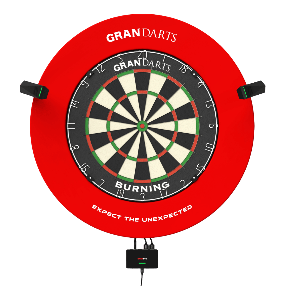 GranDarts Gran Eye GEN2 Steeldart automatisch scoresysteem Das Bild zeigt das GranDarts GranEye Steeldart Auto-Scoring-System mit einer roten Umrandung und einer klassischen Dartscheibe. Kameras sind an den Seiten angebracht, um die automatisierte Punktezählung zu ermöglichen.