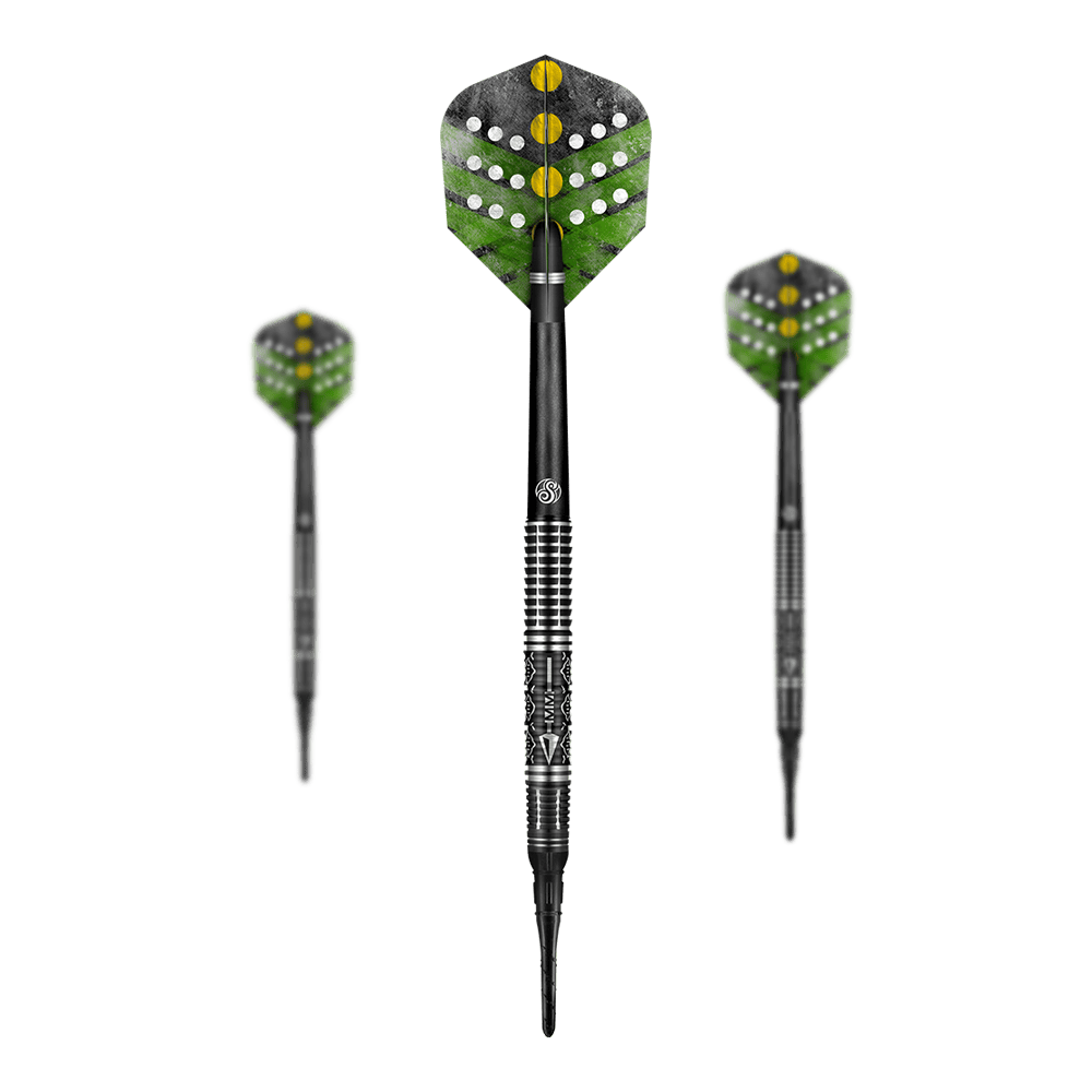 Shot Devon Petersen The Courage zachte darts Shot Devon Petersen The Courage Softdarts mit detailliertem Flight-Design. Die Darts sind beobachtbar angeordnet.